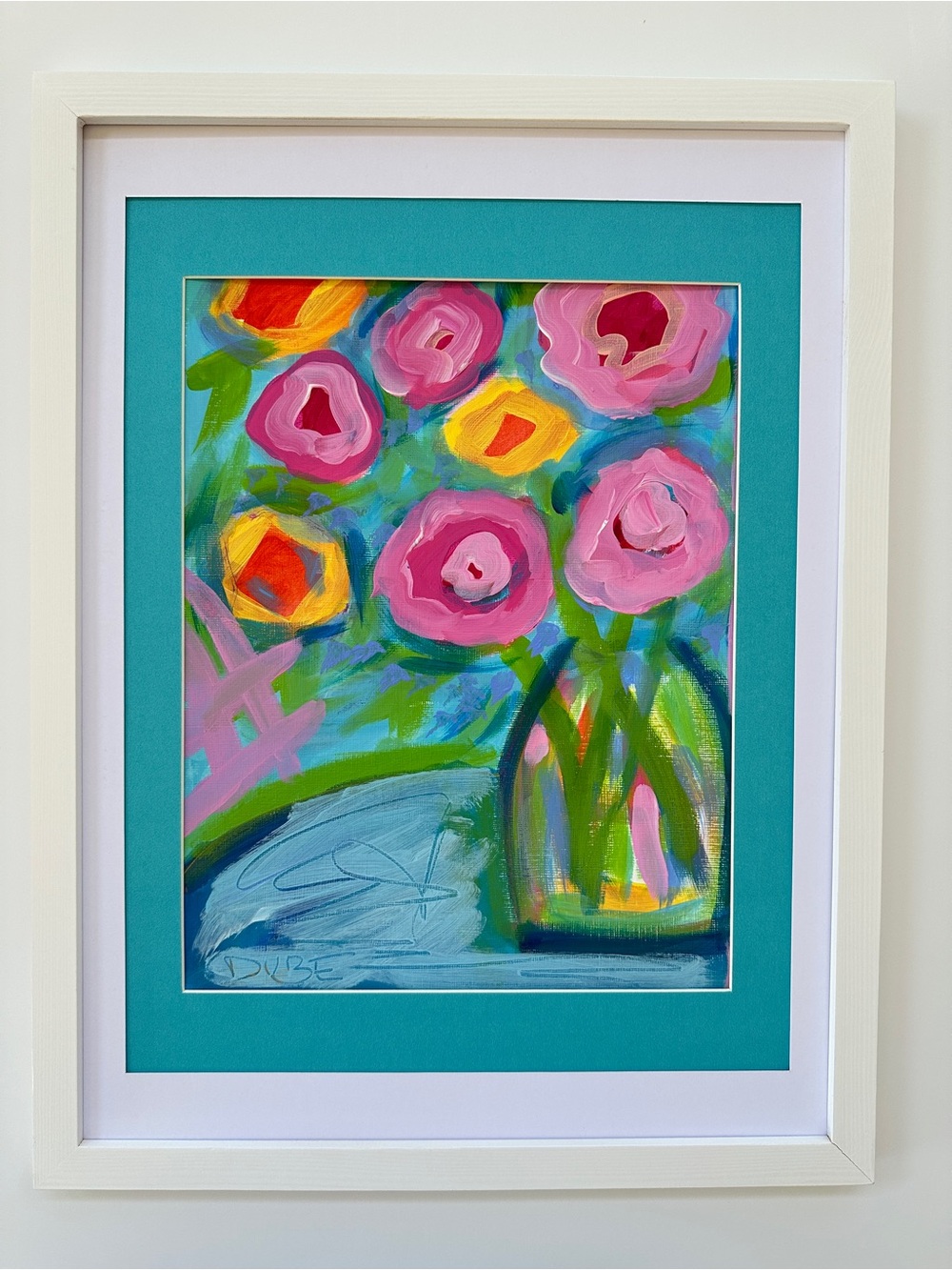 Original Painting Hand Crafted Pink, Teal & Yellow Floral Vase 9x12” Paper